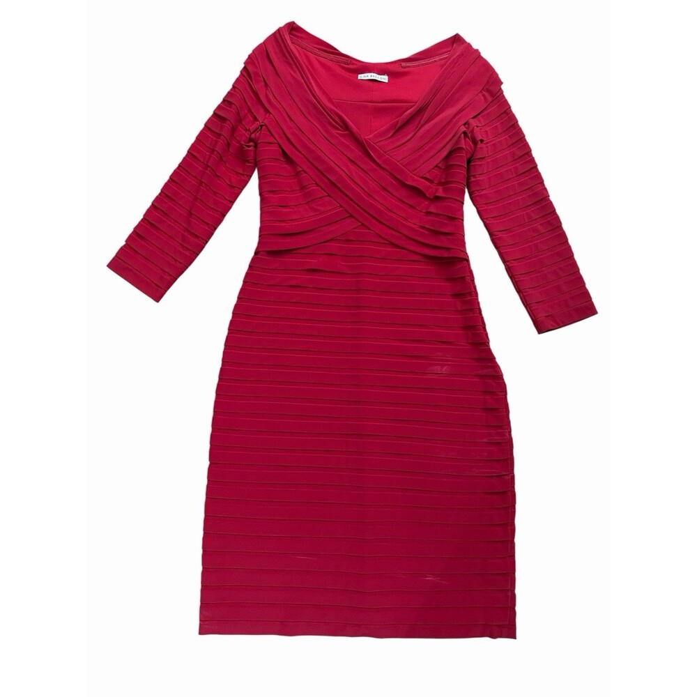 Gina Bacconi Red Pleated‎ Midi Dress UK 14 US 10 3/4 Sleeve Cocktail